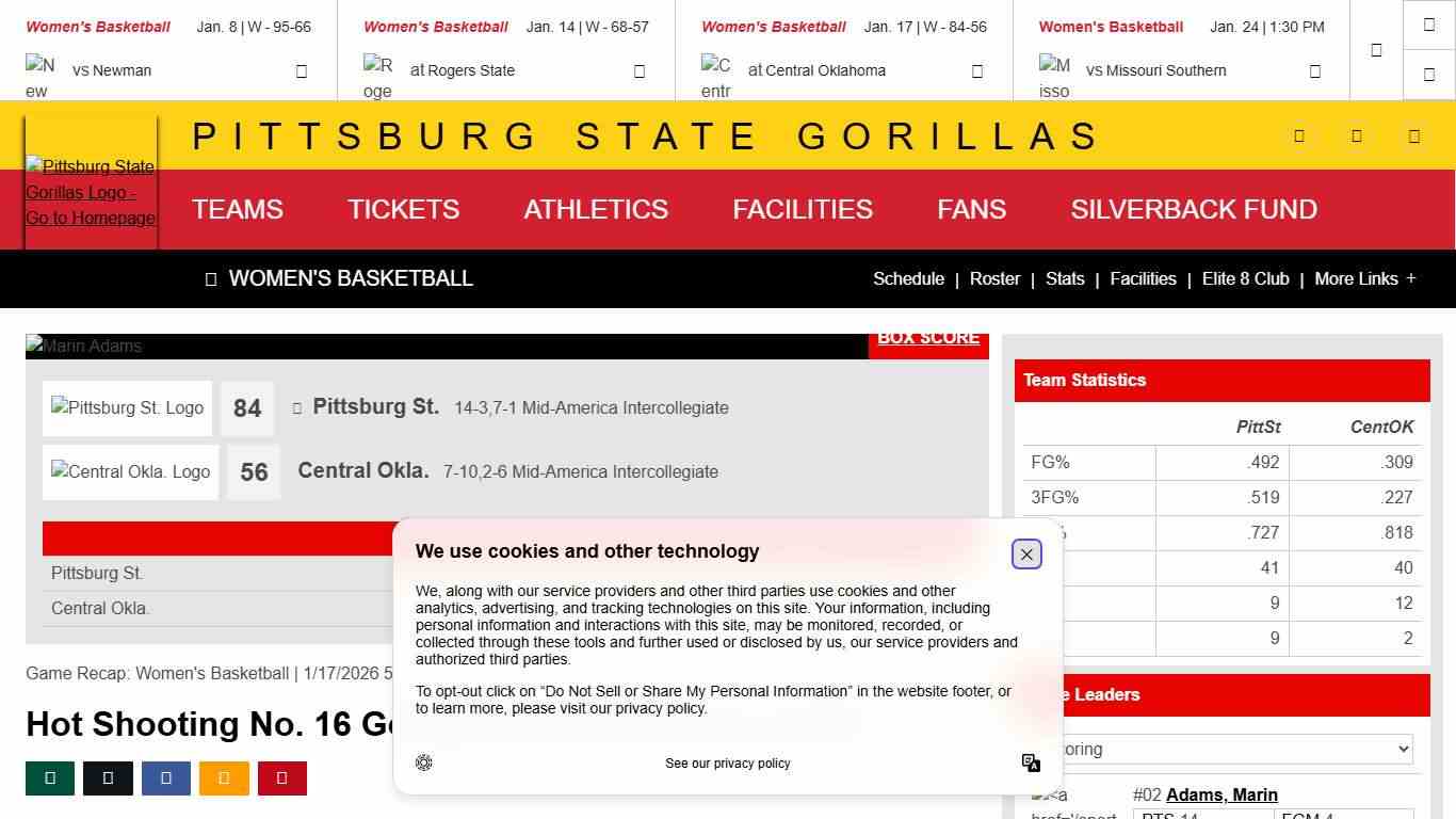 Hot Shooting No. 16 Gorillas Down Bronchos, 84-56 - Pittsburg State University Athletics