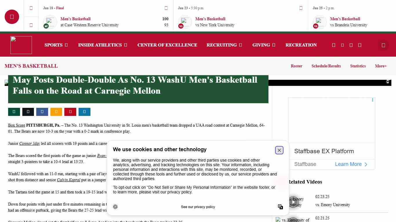 May Posts Double-Double As No. 13 WashU Men's Basketball Falls on the Road at Carnegie Mellon - Washington University in St. Louis