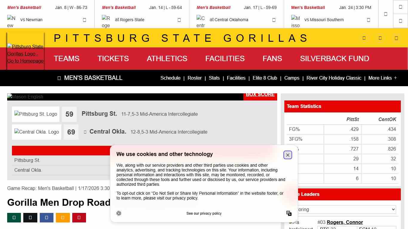 Gorilla Men Drop Road Game Against UCO - Pittsburg State University Athletics